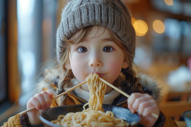 Ein Kind isst mit Stäbchen Ramen-Nudeln