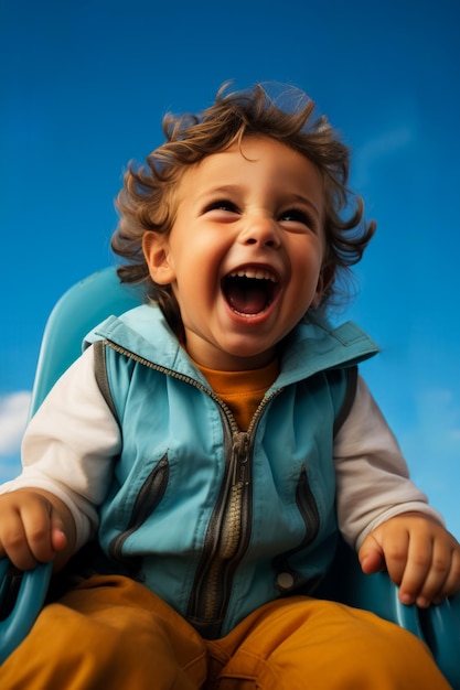 Ein Kind lacht auf einer Schaukelfahrt, isoliert auf einem Sommergradienten-Hintergrund