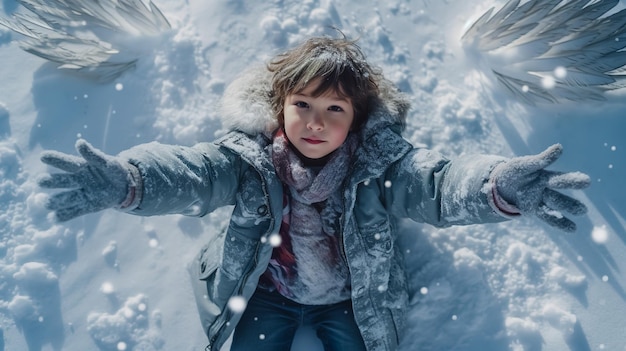 Foto ein kind liegt in einer jacke und jeans im schnee und zeichnet mit den händen flügel schneeengel