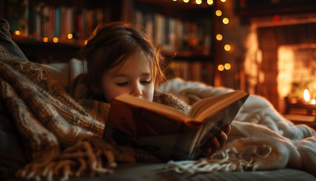 Foto ein kind liest ein buch unter einer gemütlichen decke