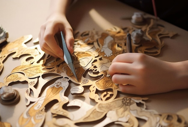 Ein Kind macht ein aus Holz hergestelltes Spielzeug