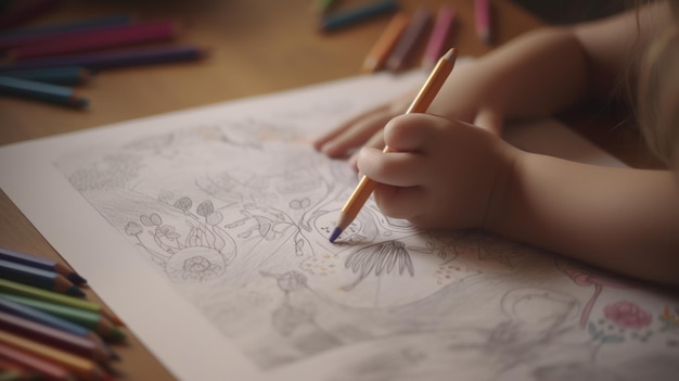 Foto ein kind malt mit einem bleistift auf ein blatt papier.