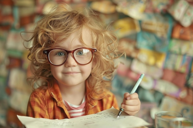 Foto ein kind mit brille hält einen stift, der bereit ist, etwas zu erschaffen