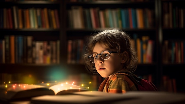 Ein Kind mit Brille liest ein Buch in einem dunklen Raum mit einem Buch im Hintergrund.