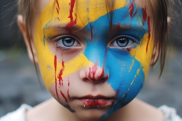 Ein Kind mit der Flagge der Ukraine auf seinem Gesicht gemalt, trauriger Eindruck