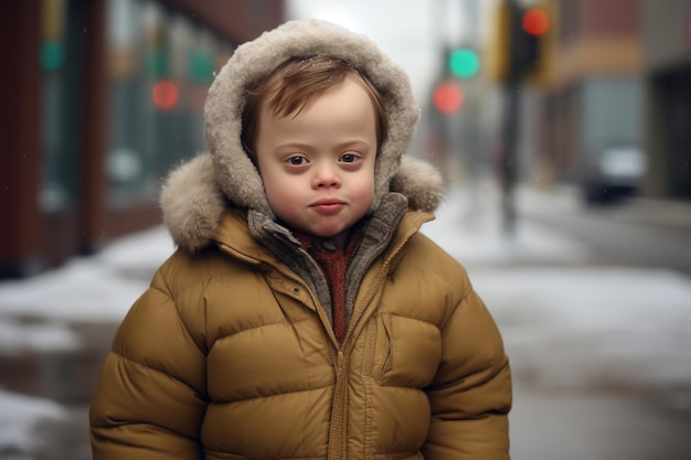 ein Kind mit Down-Syndrom geht durch die Straßen der Stadt und lächelt in die Kamera