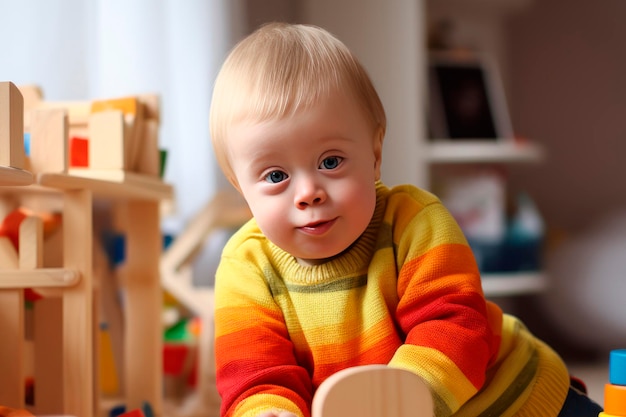 ein Kind mit Down-Syndrom spielt mit pädagogischen Spielzeug und lächelt