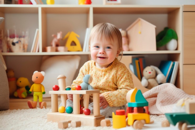 ein Kind mit Down-Syndrom spielt mit pädagogischen Spielzeug und lächelt