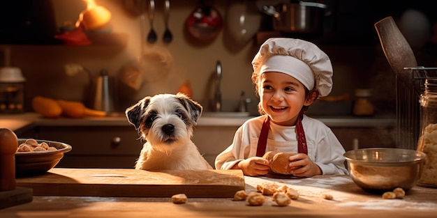 ein Kind mit einem Kochhut und einem Hund in der Küche