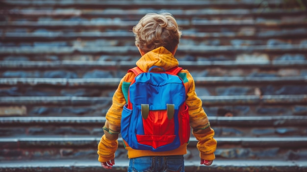 Ein Kind mit einem Superhelden-Rucksack posiert heldenhaft auf den Schultreppen