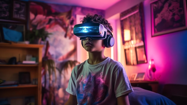 Ein Kind mit einem VR-Headset steht im Wohnzimmer und genießt eine virtuelle Realitätserfahrung mit Freude.