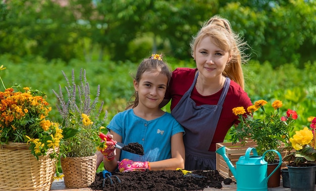 Ein Kind mit ihrer Mutter pflanzt Blumen im Garten Selektiver Fokus