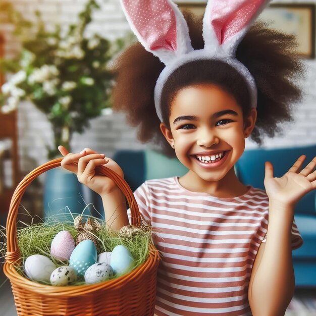 Ein Kind mit Kaninchenohren in einem gestreiften T-Shirt lächelt glücklich und hält einen Korb mit Ostereiern