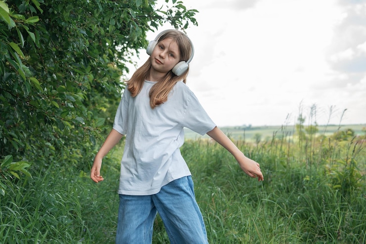 Foto ein kind mit kopfhörern, das musik hört und tanzt.