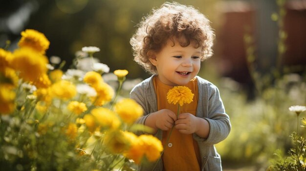 ein Kind mit lockigem Haar hält eine gelbe Blume in den Händen