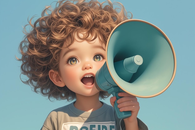 ein Kind mit Megaphonsprecher auf weichem blauen Hintergrund