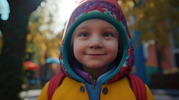 Ein Kind mit Rucksack und Hut lächelt in die Kamera.