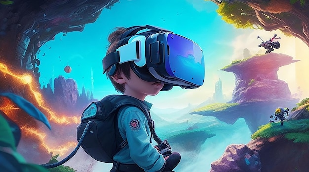 Ein Kind mit VR-Brille in einer fantastischen, fantasievollen Spielewelt