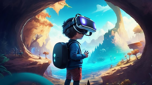 Ein Kind mit VR-Brille in einer fantastischen, fantasievollen Spielewelt