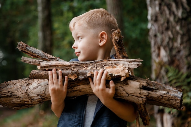 Ein Kind sammelt Brennholz im Wald. Kleiner Holzfäller. Der Junge sucht nach alten Ästen. Kind und Brennholz. Herbstzeit. Junge mit weißen Haaren