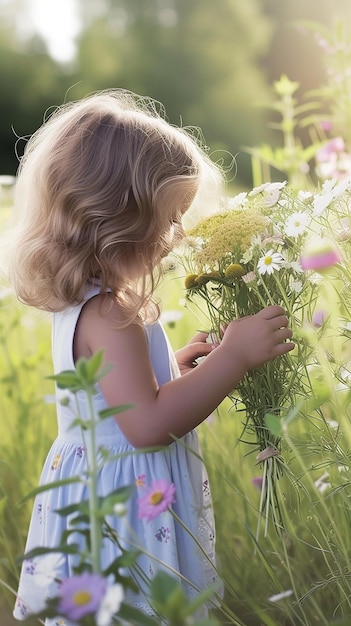 Ein Kind sammelt einen Blumenstrauß im Frühling