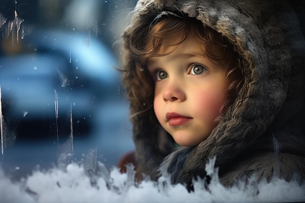 Ein Kind schaut an einem verschneiten Tag durch ein Glasfenster