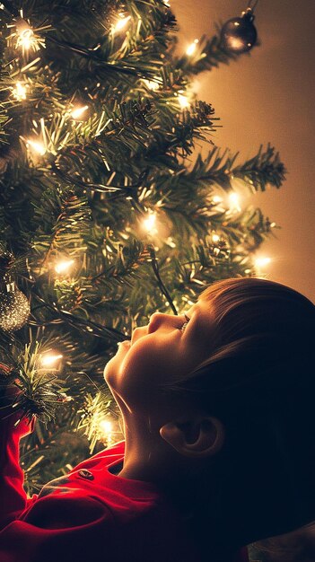 Foto ein kind schaut auf einen weihnachtsbaum