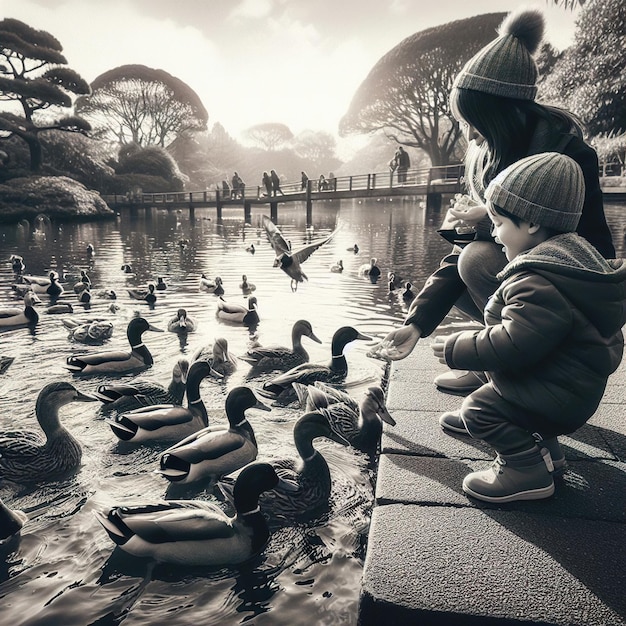 ein Kind schaut auf Enten in einem Teich mit Enten, die darin schwimmen