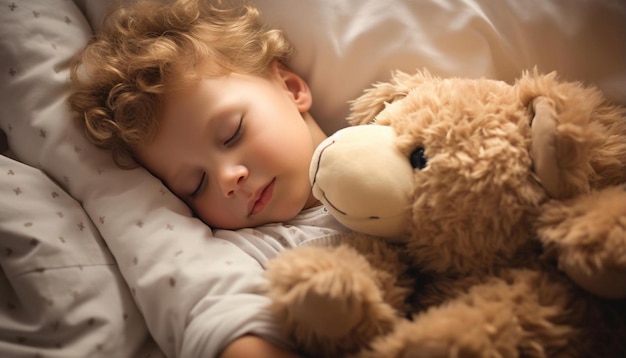 ein Kind schläft mit einem Teddybären auf dem Kopf