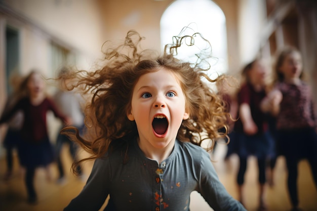 Ein Kind schreit in einer Kinder-Tanzklasse Konzept Tanzklasse Störung Verwaltung von Störungen Kindesverhalten Unterrichtstechniken Klassenzimmeratmosphäre