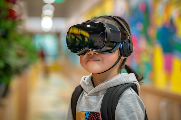 Ein Kind setzt ein VR-Headset an, ihr Gesichtsausdruck ist voller Freude, während sie mit einer virtuellen Weltbrücke interagiert