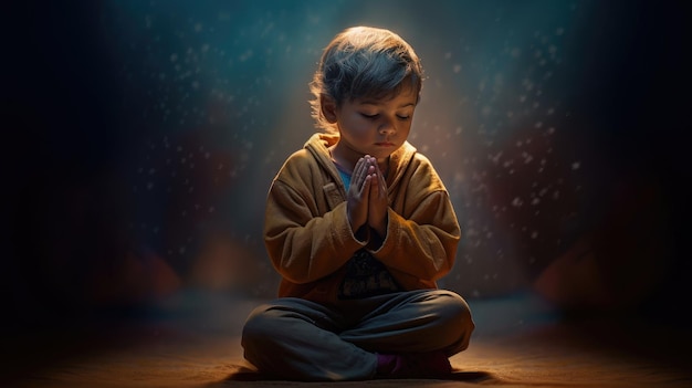 Ein Kind sitzt im Lotussitz mit den Worten „Meditation“ auf der linken Seite.