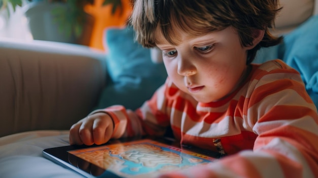 Foto ein kind spielt ein gedächtnisspiel auf einem tablet, während ein integriertes gerät seine hirnaktivität misst und