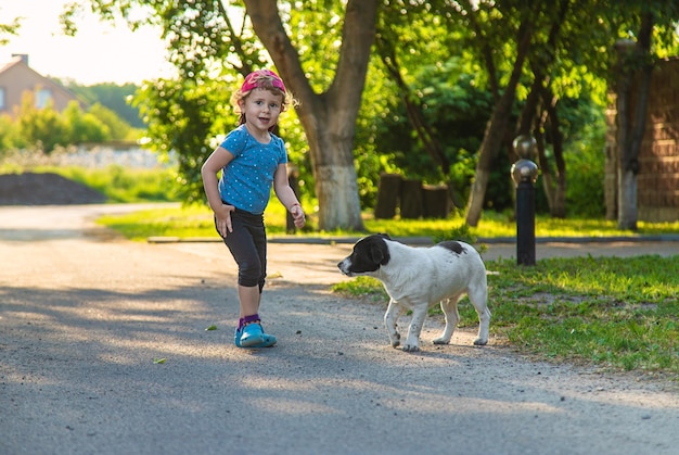 Ein Kind spielt mit einem kleinen Hund im Park. Selektiver Fokus