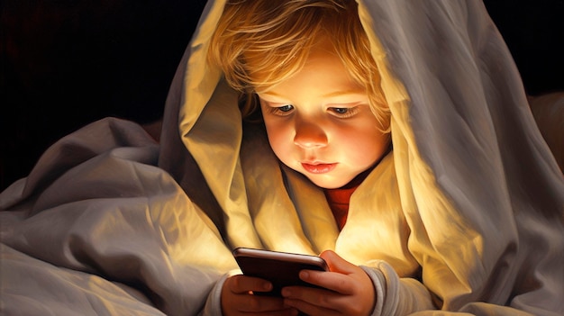 Ein Kind spielt unter der Decke am Telefon Generative AI Kids