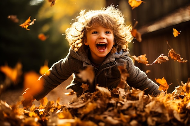 Ein Kind springt mit freudiger Miene in einen Haufen Herbstblätter