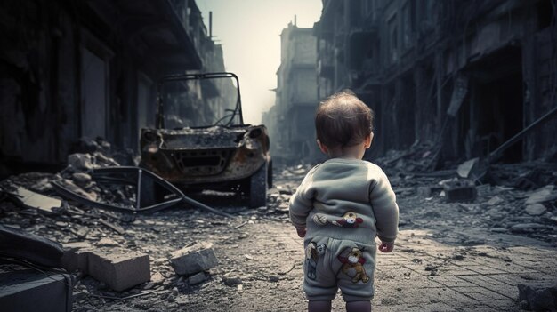 Ein Kind steht in einer zerstörten Stadt, im Hintergrund ein Auto.