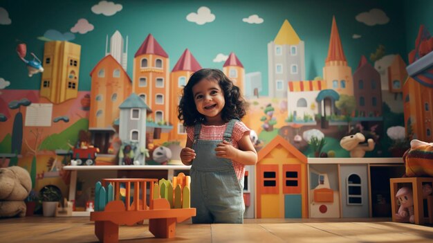 ein Kind steht vor einem bunten Gemälde eines Hauses mit einem Spielzeughaus und einem Spielzeughaus im Hintergrund