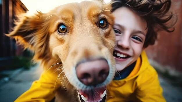 Foto ein kind umarmt seinen hund liebevoll