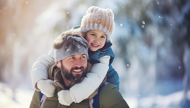 Ein Kind umarmt seinen Vater vor der Kulisse eines Winterwaldes