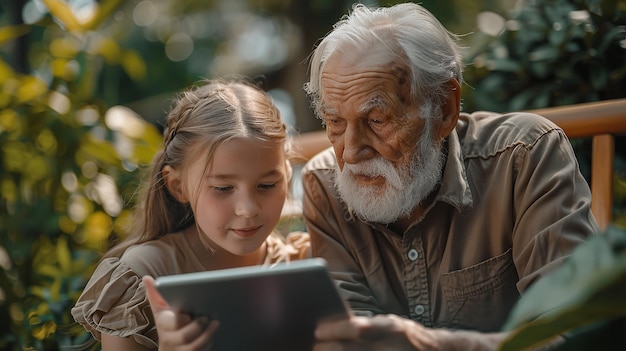 Foto ein kind und ein alter mann schauen sich eine tablette an