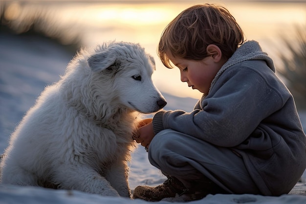 Ein Kind und ein Hund verbringen einen nachdenklichen Moment in der Dämmerung an einem ruhigen Strand