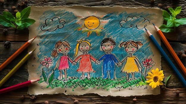 Ein Kind zeichnet eine glückliche Familie auf Papier