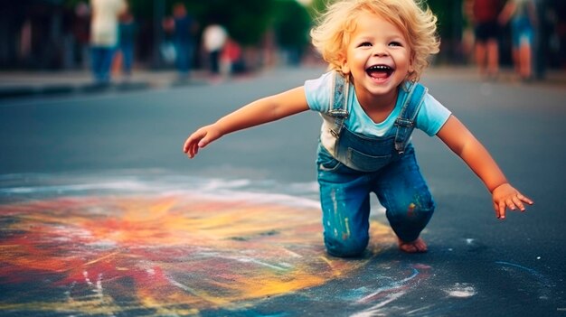 Foto ein kind zeichnet mit kreide auf den asphalt generative ai kid