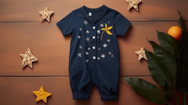 Foto ein kinder-jumpsuit mit kurzen ärmeln, präsentiert als dunkelblauer jumpsuit mockup der szene gegen einen weichen hellen hintergrund im boho-stil, mit dem ziel, ein bild zu erzeugen, das süße und aufrichtigkeit ausstrahlt