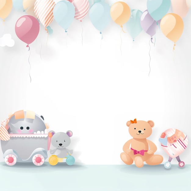 Ein Kinderwagen mit einem Teddybär und einer Babypuppe daneben.