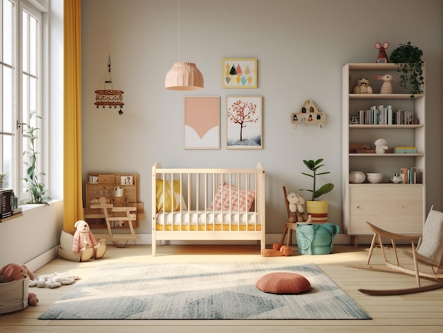 Ein Kinderzimmer mit einem Babybett und einem Regal mit einem Baum darauf.