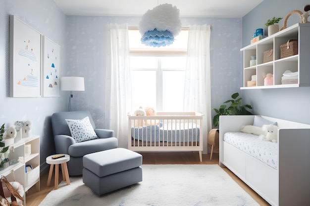 Ein Kinderzimmer mit einem blau-weißen Teppich und einem Kinderbett mit einem Babybett und einem blauen Stuhl.
