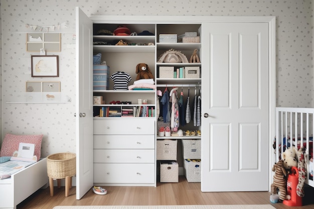 Ein Kinderzimmer mit einem gut organisierten Schrank, einer Kommode und einem Bücherregal, erstellt mit generativer KI