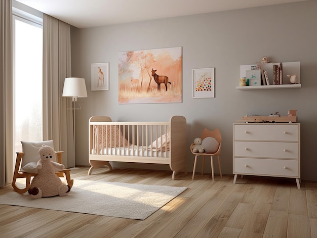 Ein Kinderzimmer mit einem Kinderbett und einem Babybett mit einem Reh an der Wand.